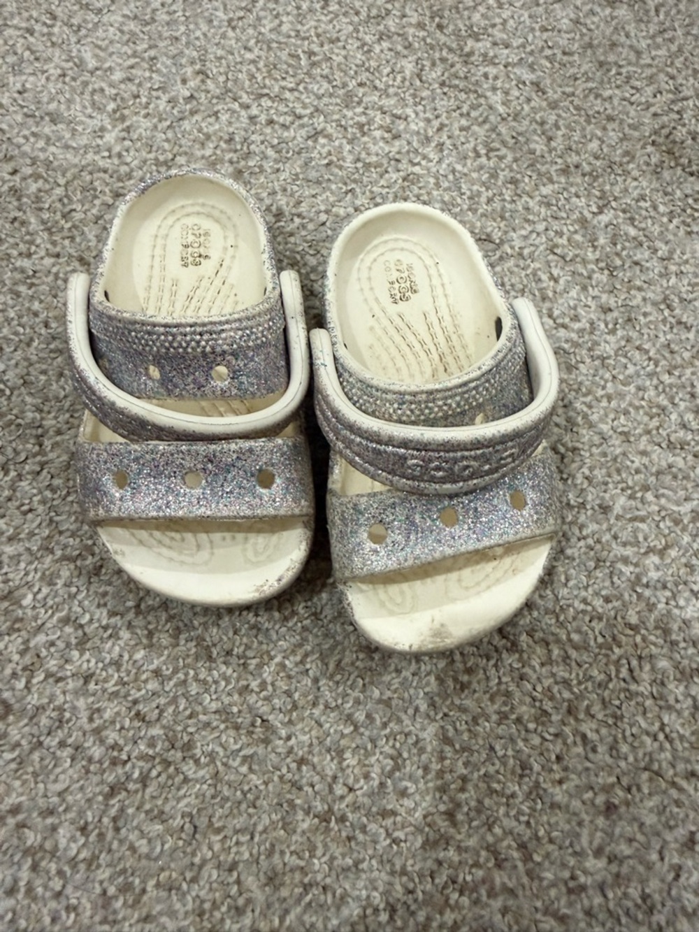 CROCS Kids Sparkle White and Silver Slide Sandals